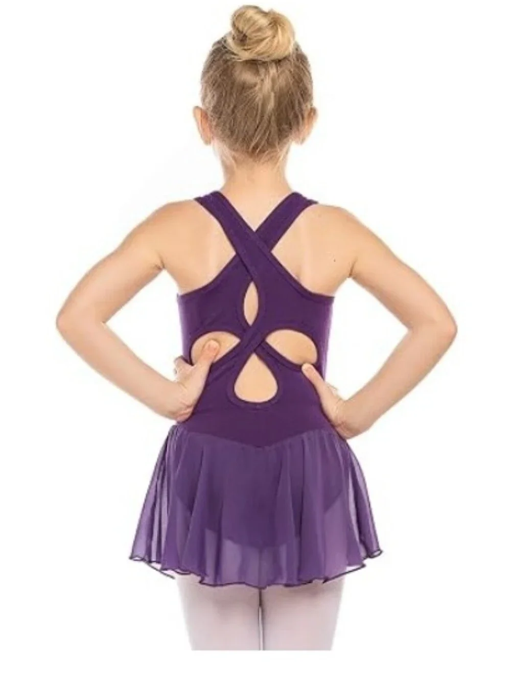 Girls Hollow Back Ballet Leotard with Skirt Sleeveless Dance Dress Purple